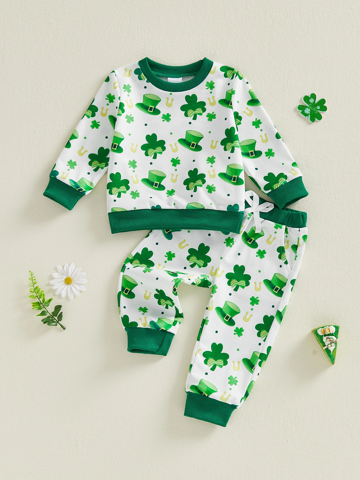 

Baby Girl 2Pcs Irish Outfit Long Sleeve Clover Print Tops Pants Set Matching Cozy Clothes for St Patrick s Day