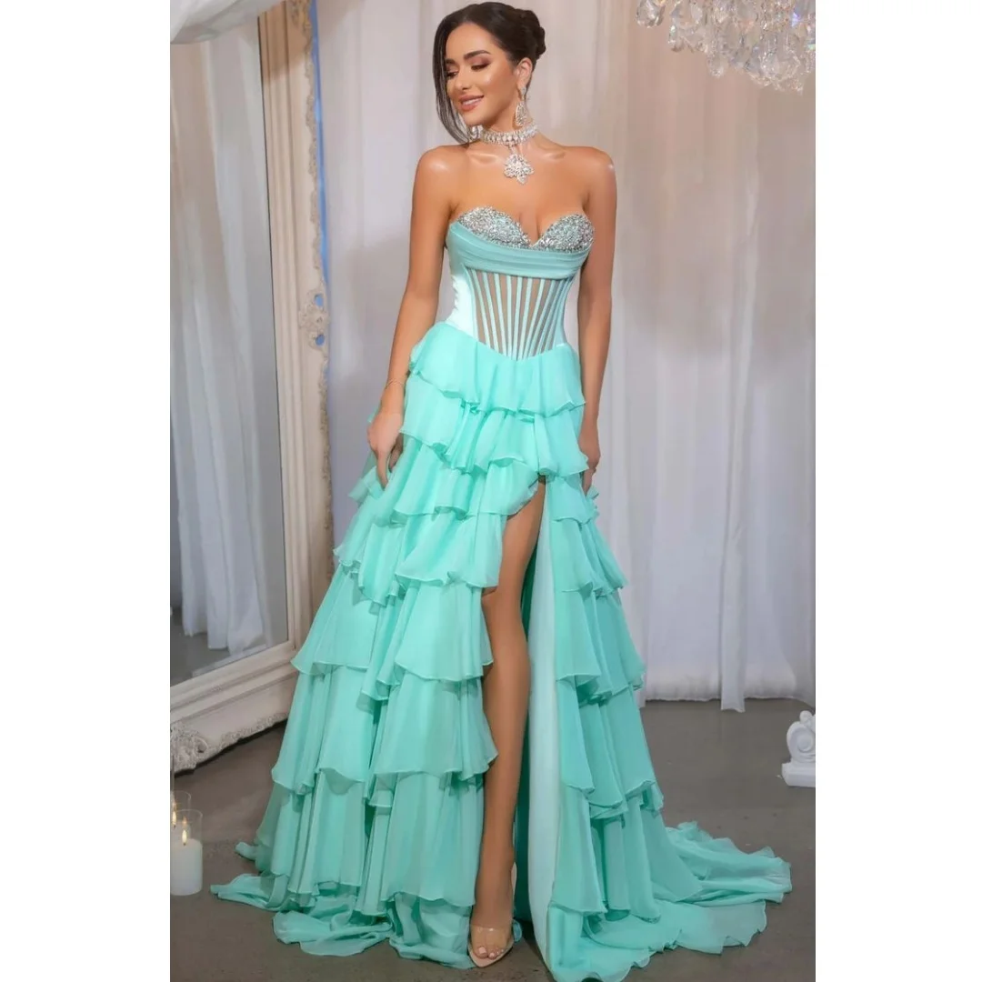 

Sequin Corset Evening Dresses Woman Tiered Ruffles Slit vestidos de noche A Line Prom Dress Strapless Party Gowns Customized