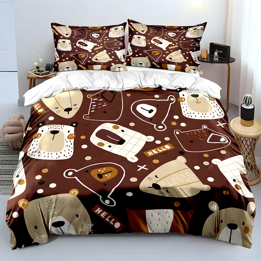 Bettwäsche-Set mit Cartoon-Bärenmuster-Hintergrunddruck, 1 Bettbezug, 2 Kissenbezüge für Erwachsene und Kinder, Luxus-Geschenk, volle Größe