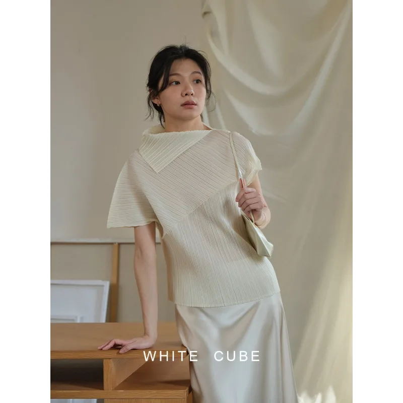 Miyake Pleated T-Shirt Women 2026 Summer New Plisse Draped Pleats Asymmetric Triangle Collar Top T-Shirt Women Unique Versatile