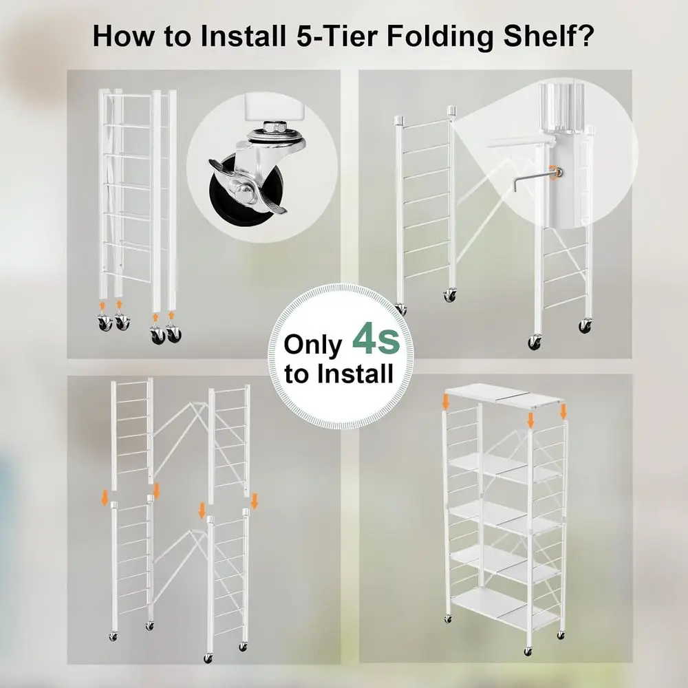 Регулируемые 5-уровневые складные металлические полки на колесах, стеллаж для хранения на 2 предмета, для кухни, комнаты, гаража, белый