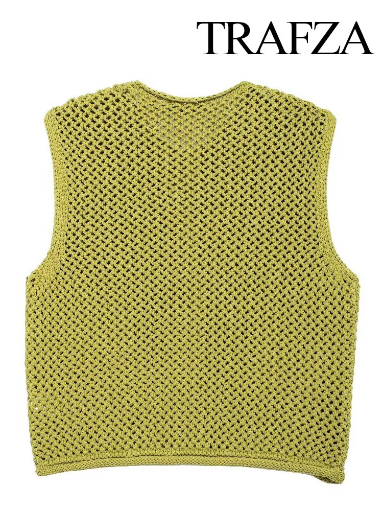 TRAFZA Women Autumn Fashion Sweater Tops Green O-Neck Sleeveless Pockets Single Breasted Female Casual Loose Knitted Tops