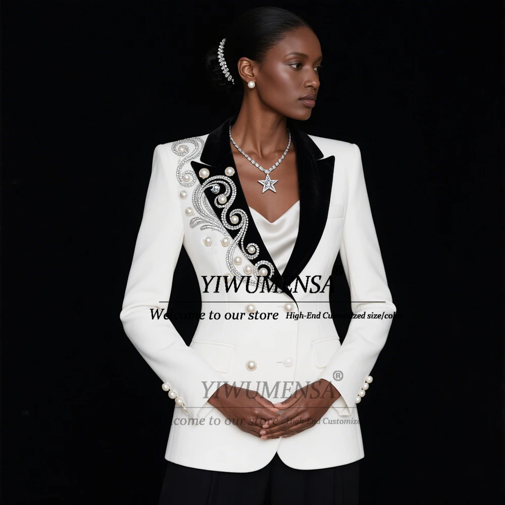 

Pearls Beaded Stones Women Pants Suit 2 Pieces Double Breasted Prom Tuxedos Mother Of Bride Dress Customized Ladies Clothing