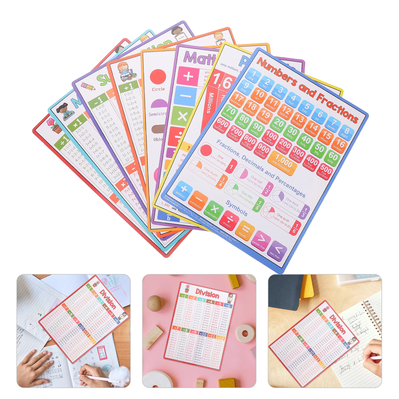 

8Pcs Educational Math Poster Addition Subtraction Multiplication Division Chart for Kids Classroom Home Learning