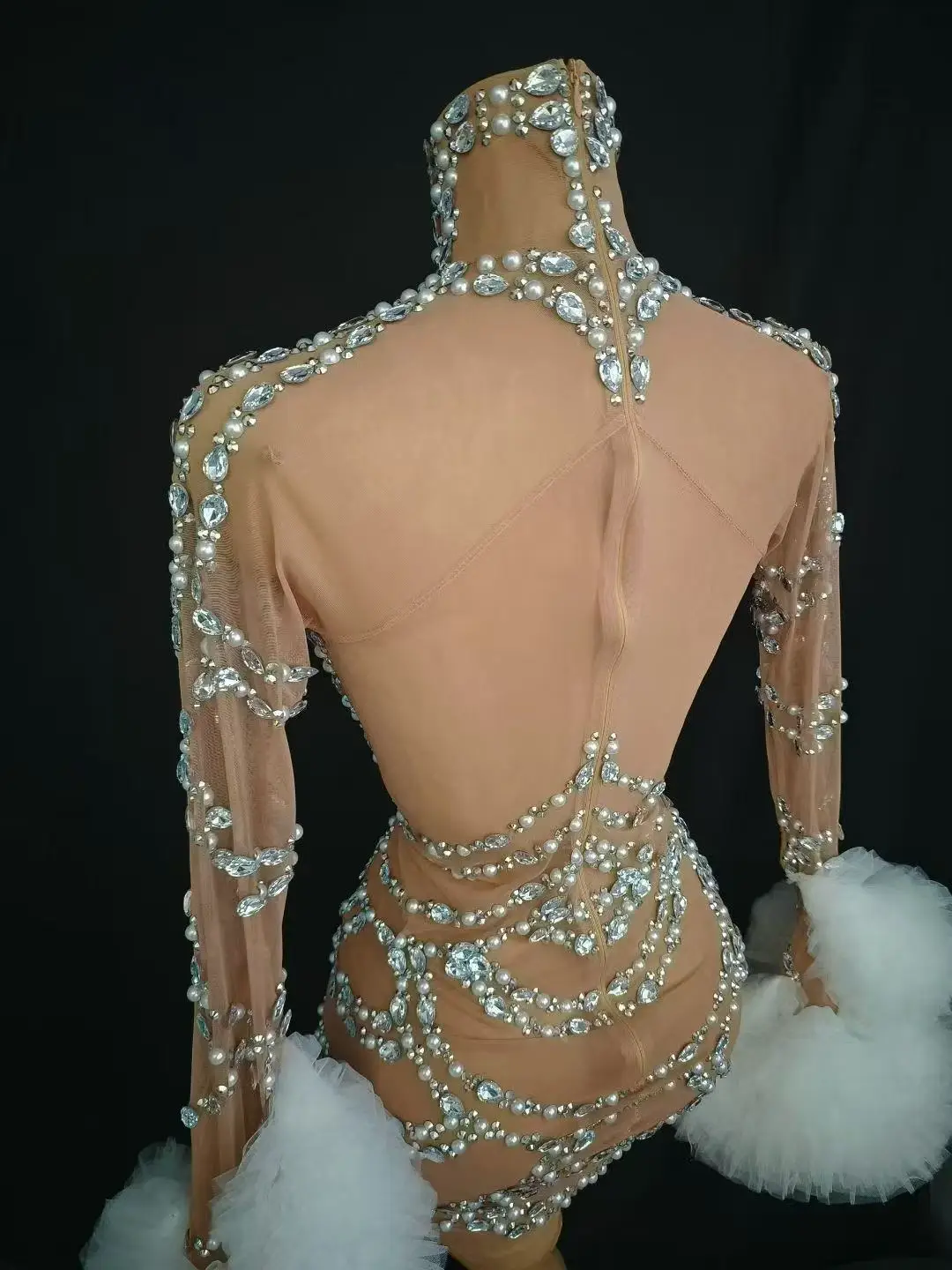 Sparkly Rhinestones Pearls Short Dress Women Sexy Transparent Birthday Celebrate Evening Dress Stage Wear Photoshoot Costume