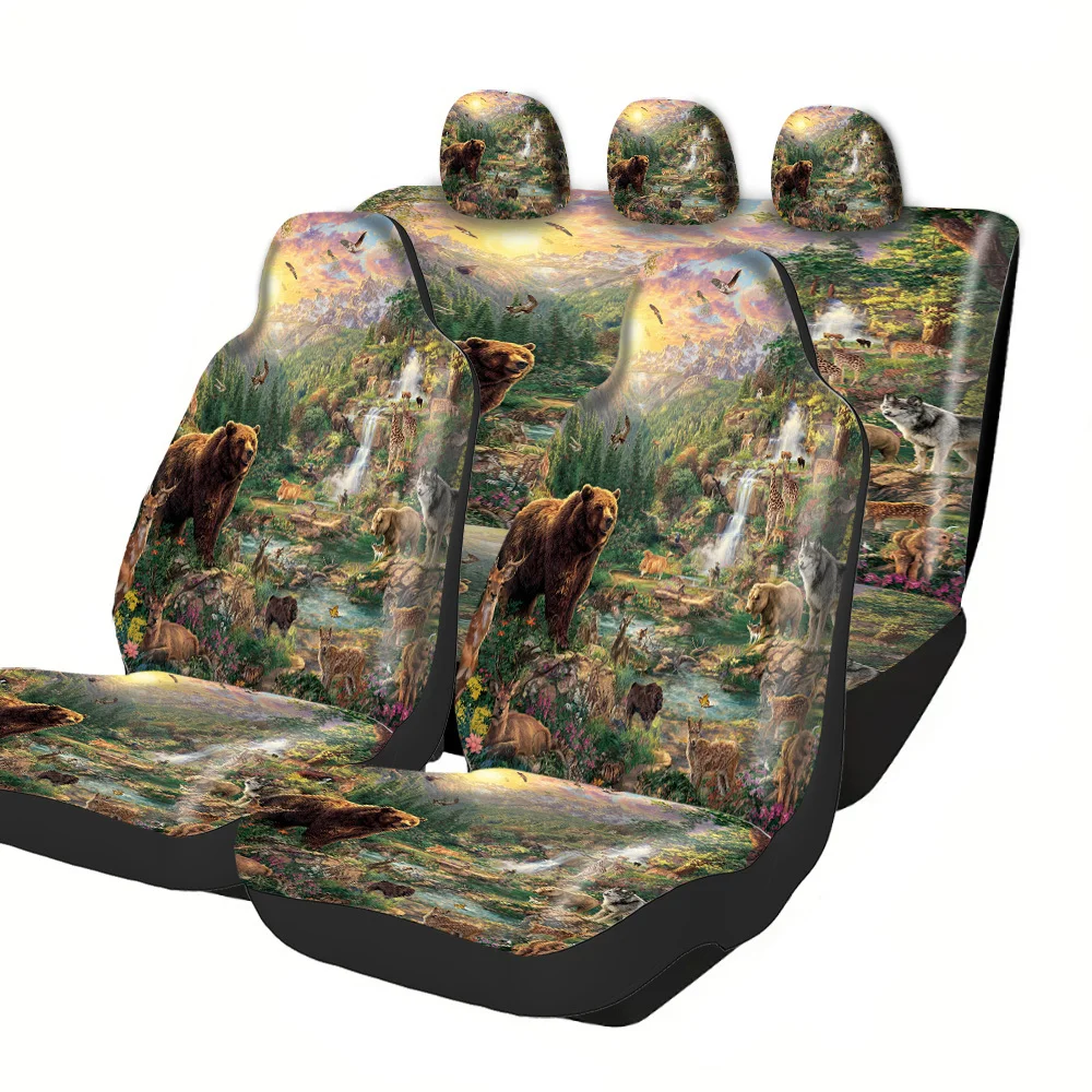 2-5 Seat Set Car Seat Covers, Premium Polyester Universal Forest Animal Print, Perfect Fit For Truck SUV Off-Road Car, Festive H
