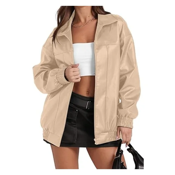 Casual PU Leather Jacket Women Streetwear Autumn 2025 New Stand Collar Long Sleeves Coat Zipper Side Ket Windbreaker Outerwear