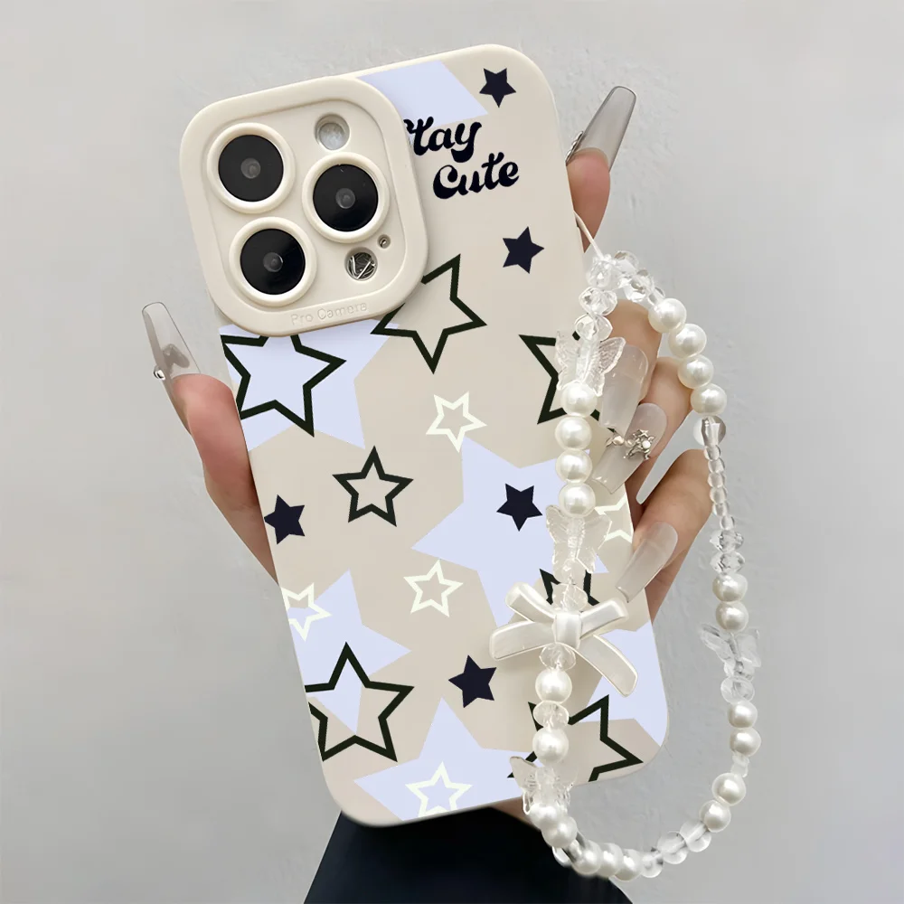 Light Blue Black Star Phone Cases For Samsung Galaxy S25 Plus FE Ultra A56 A53 A54 A55 A35 A36 S26 S24 Lanyard Wrist Strap Cover