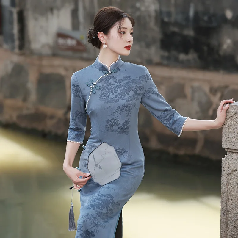 Chiński Vintage Cheongsam ciemnoniebieski ulepszony Retro republikański elegancki smukły długa sukienka Qipao tradycyjna odzież dla kobiet