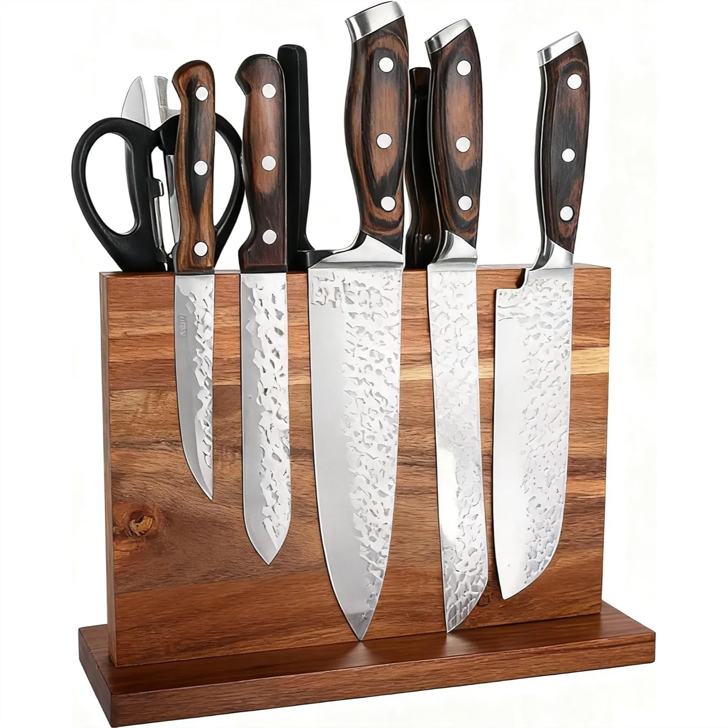 

Double-Sided Magnetic Knife Block Stand, Acacia Wood Kitchen Knife Holder with Strong Magnets for Safe Storage, Universal
