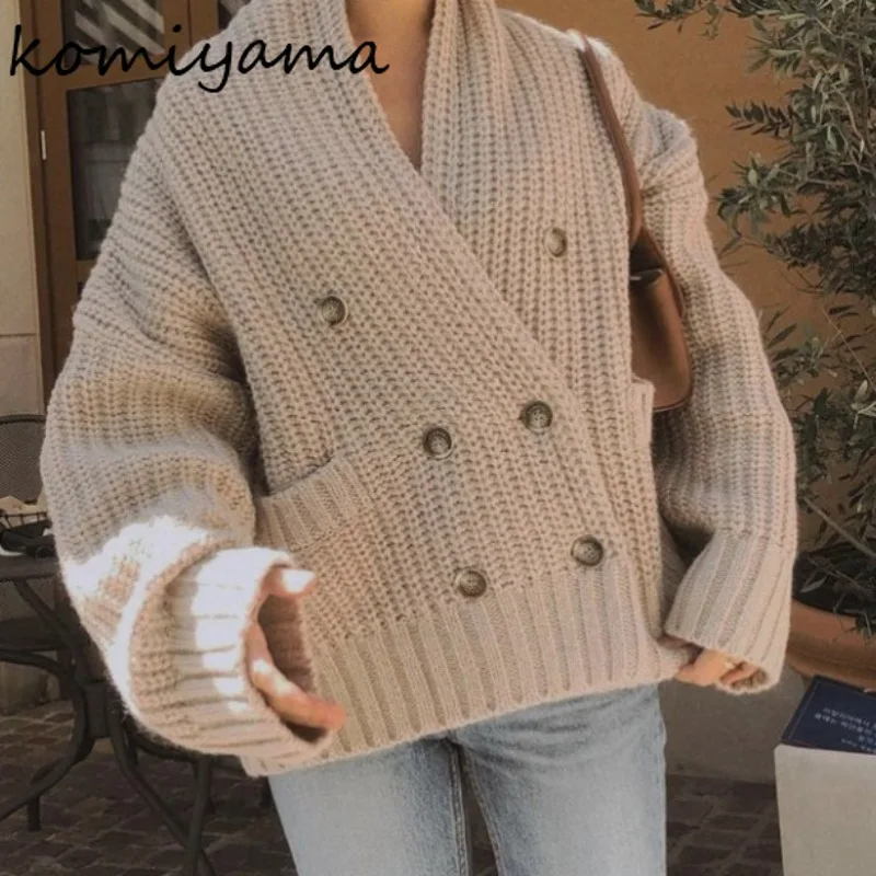 

Double Breasted Cardigans Femme Shawl Collar Sweater Spring Womens Clothing Japanese Pocket Knitwears Tops Long Sleeve Coats