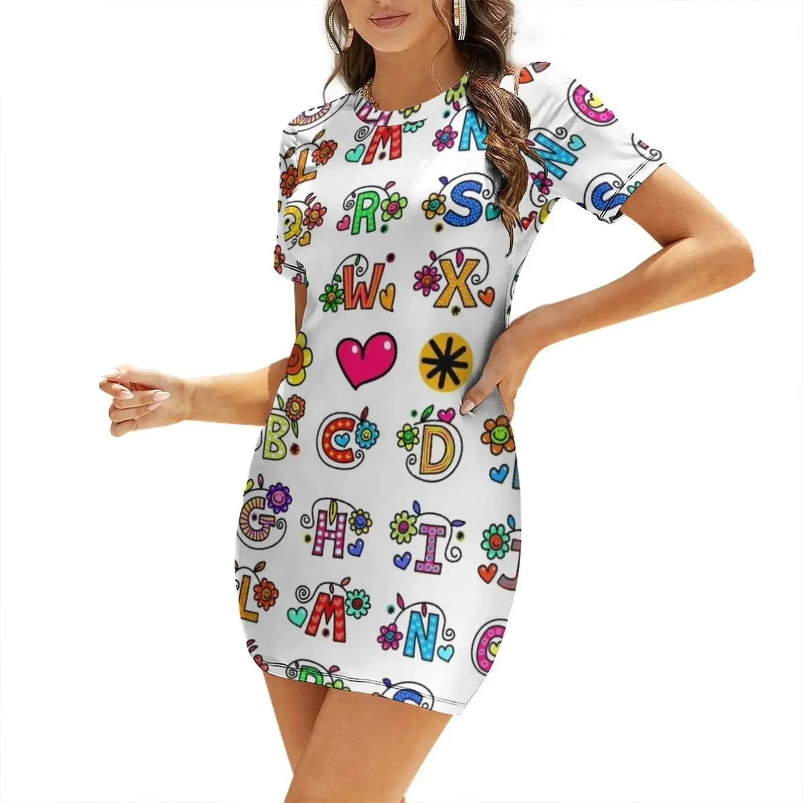 Whole Alphabet abc monogram hand drawn colorful alphabet Short-Sleeved Dress summer dresses women 2026 Woman fashion