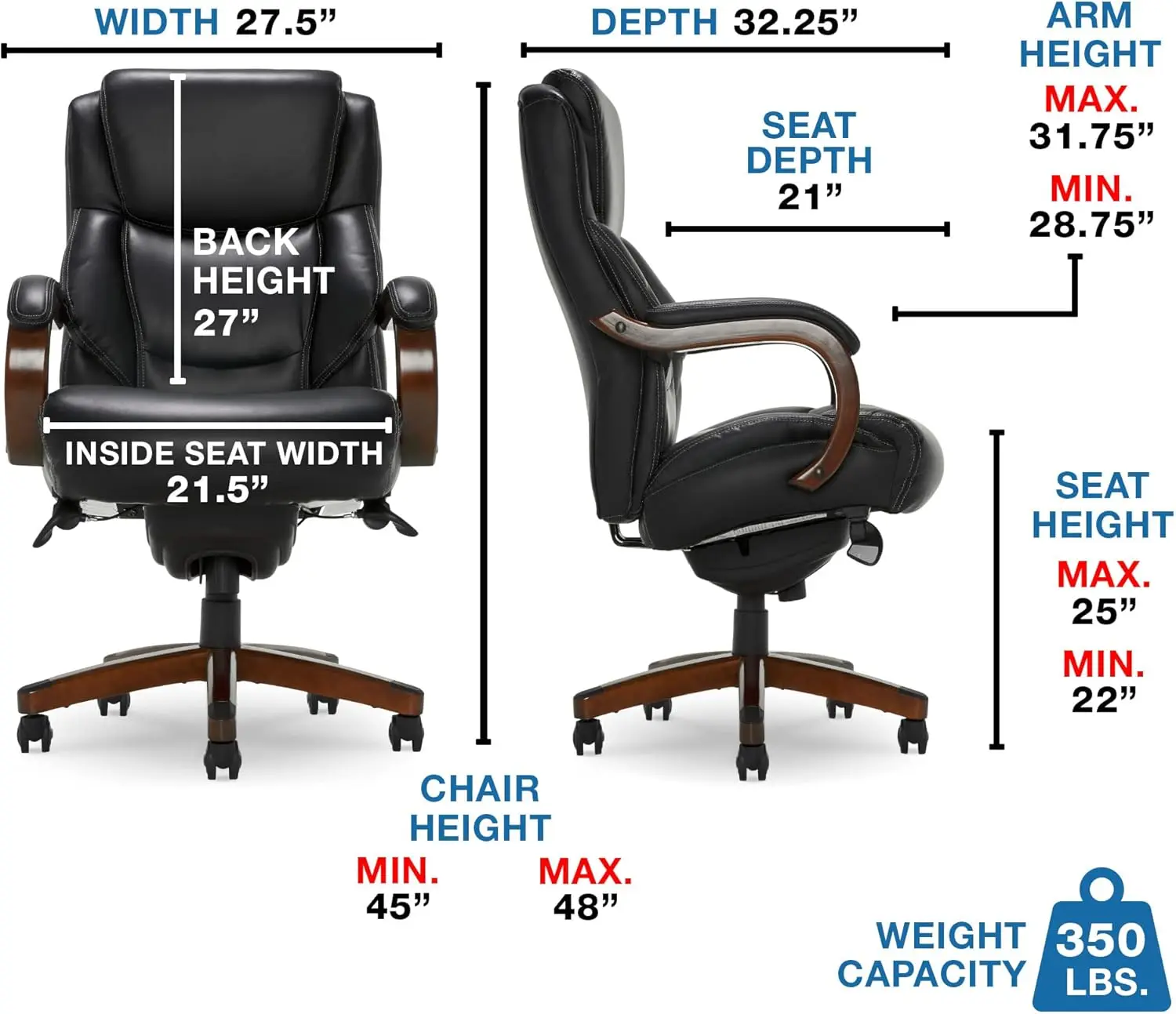 Tall Executive Office Chair, High Back Ergonomic Lumbar Support, Bonded Leather, Black with Mahogany