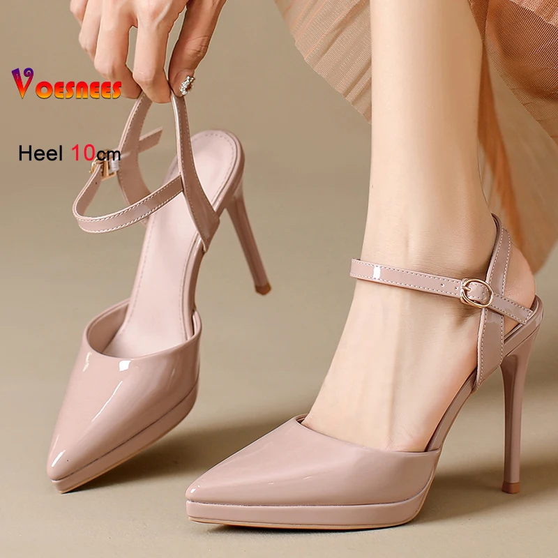Sandalias de tacón fino de 8/10 cm con plataforma de 2 cm y punta fina para mujer, color nude, con tiras y hebilla en el tobillo, zapatos de fiesta para damas, colección verano 2026