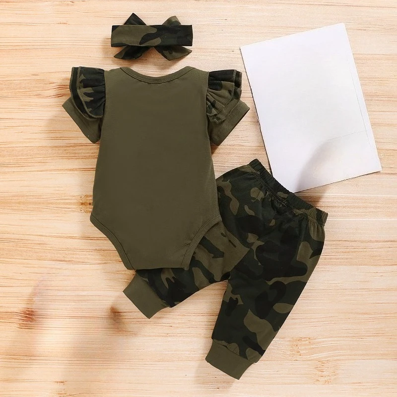 

Infant and Toddler Baby Short Sleeved Letters Hip Hop Clothes and Camouflage Pants Three Piece Set Common in Summer and Autumn