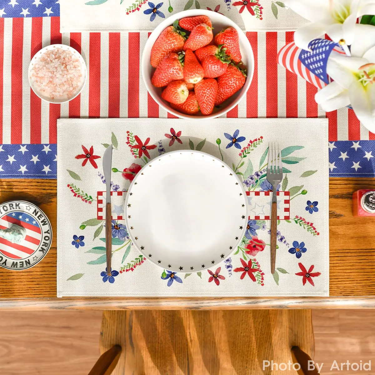 Poppy Floral Eucalyptus Leaves Placemats,Table Mats for Kitchen,Dining Decor,Patriotic Holiday,4th of July, Set of 4, 12x18 Inch