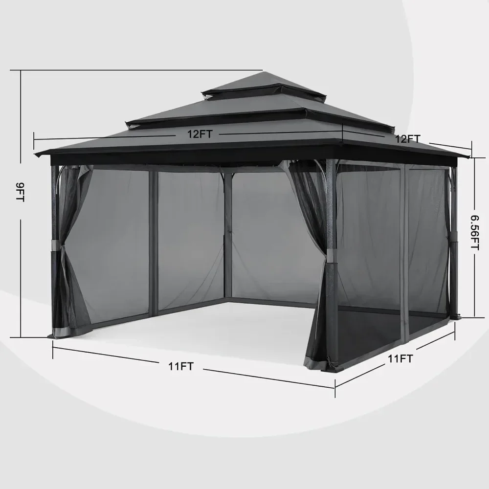 Outdoor Garden Awning 12x12FT Outdoor Gazebo for Patios with 3-Tier Roof Canopy Gazebo with Mosquito Netting Dark Gray Tent Home