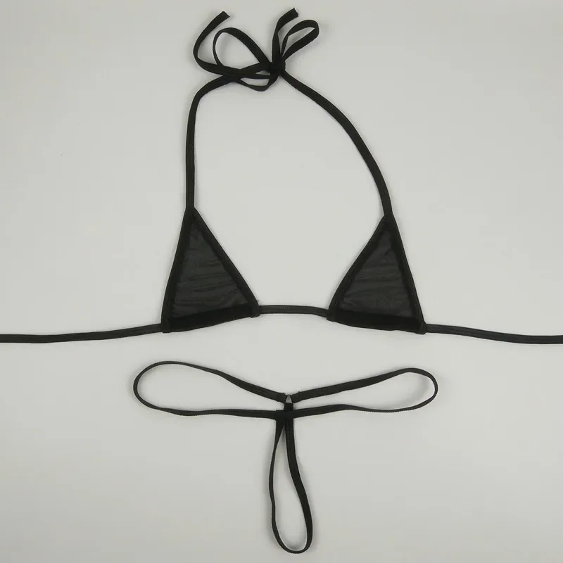 Mini mikro bikini Set Top stringi String przezroczysta siateczka kobiety seksowny trójkątny strój kąpielowy strój kąpielowy strój kąpielowy plaża