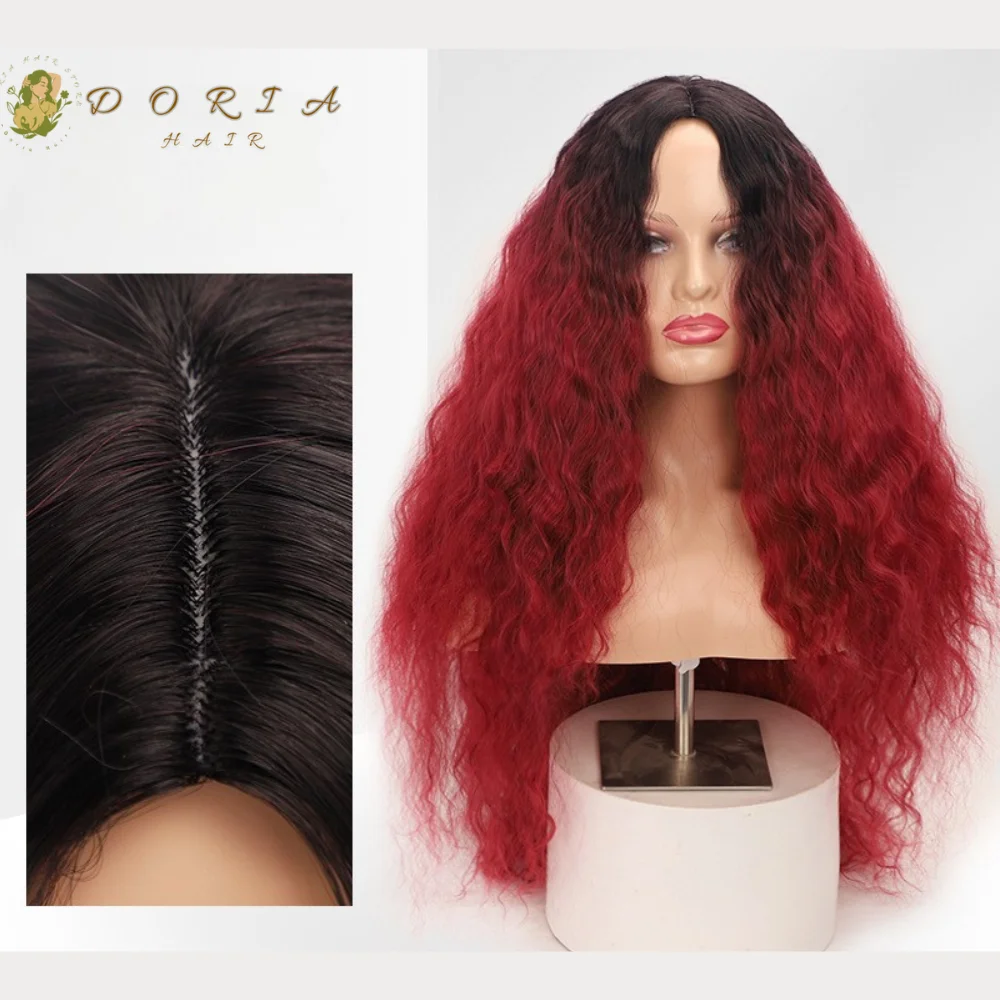 

Женские длинные шерстяные рулоны, пушистые красные волосы, машинное производство, искусственная кожа головы, средняя часть, странный вьющийся парик, кружевные парики высокой плотности