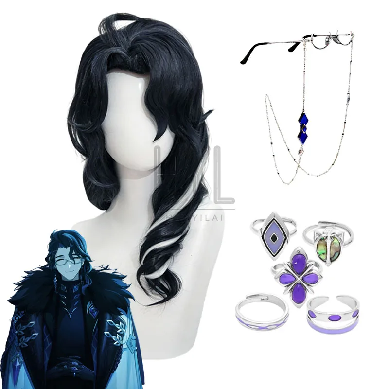 Perruque de Cosplay Genshin Impact Pantalone, cheveux synthétiques noirs, lunettes, bague pour femmes et hommes, accessoires de Costume de fête de carnaval d'halloween