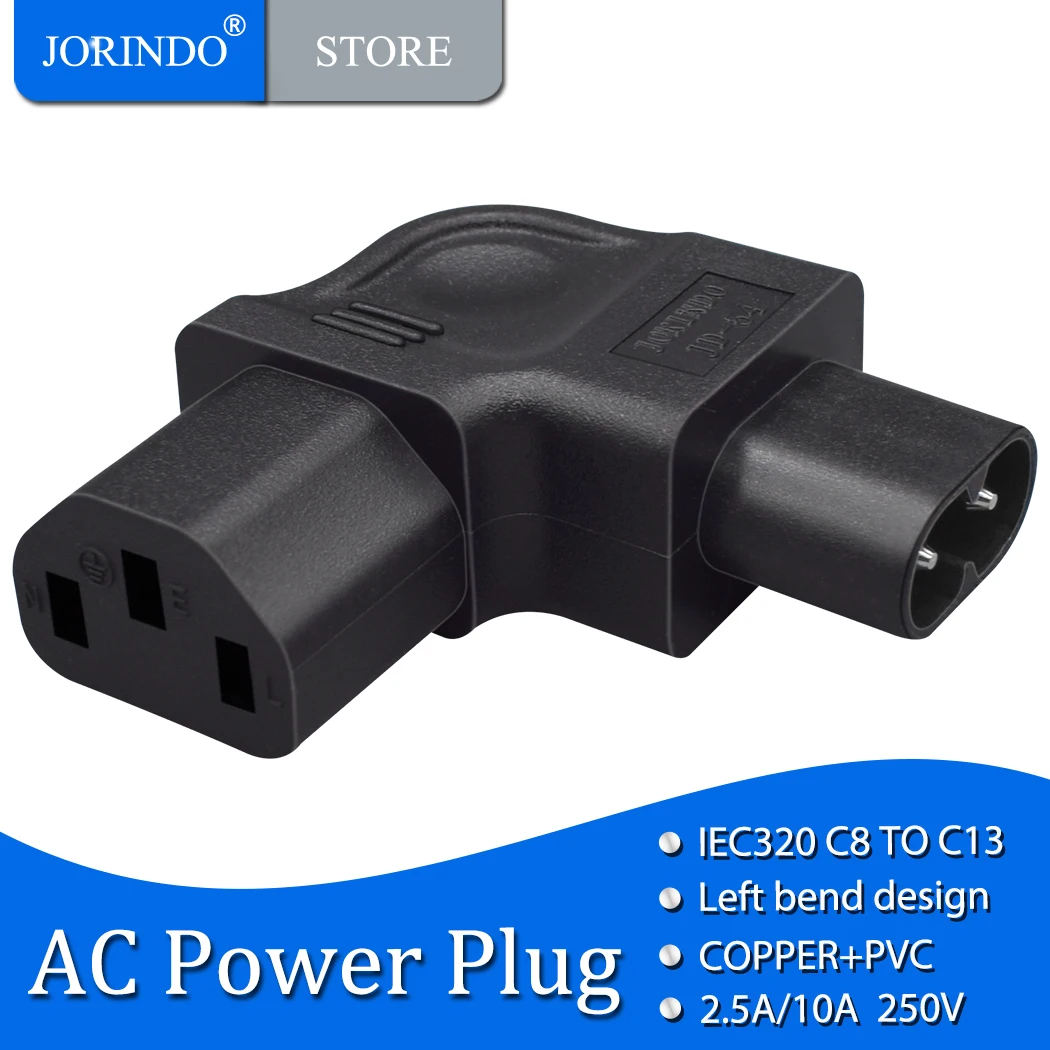 JORINDO IEC320 C8 TO C13 left bending design AC power plug, Figure 8-shaped male to C13 female side bend conversion plug adapter