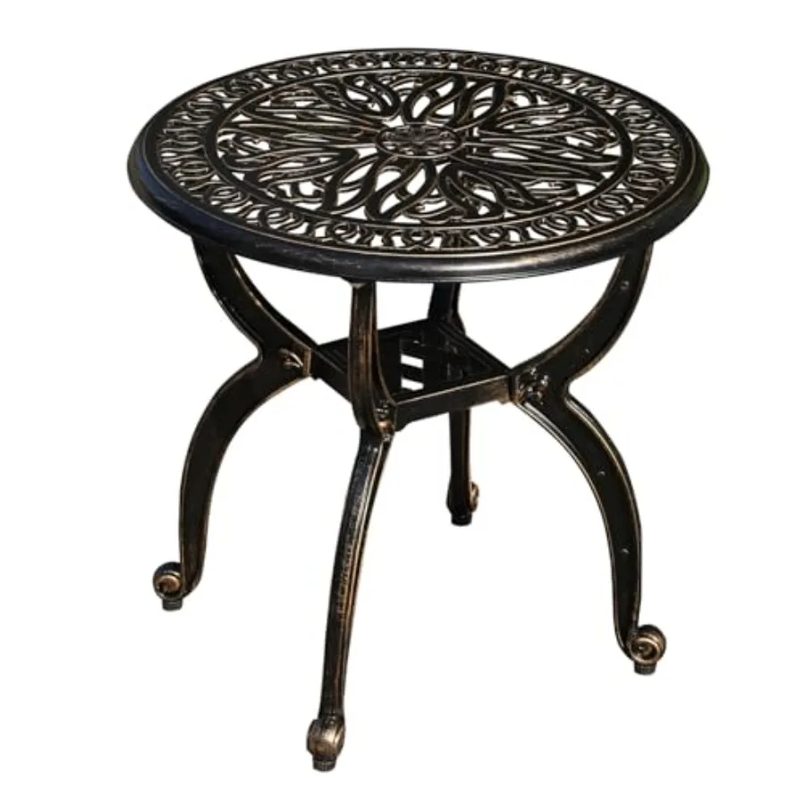 

Cast aluminum outdoor side table for patio, park, lawn, yard: weather-resistant round small coffee table in matte black with ru