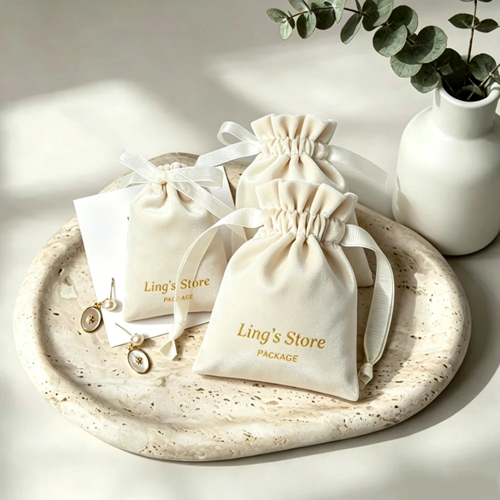 

100pcs Personalized Logo Jewelry Soft Velvet Bag With Organza String Drawstring Suede Pouch Wedding Favors Gift Packaging Pouch