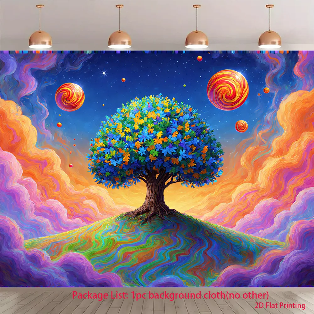 Psychedelic Dreamy Tree of Life Wall Tapestry Mural Art Bohemian Cosmic Sky Background Home Decor Large Poster Print