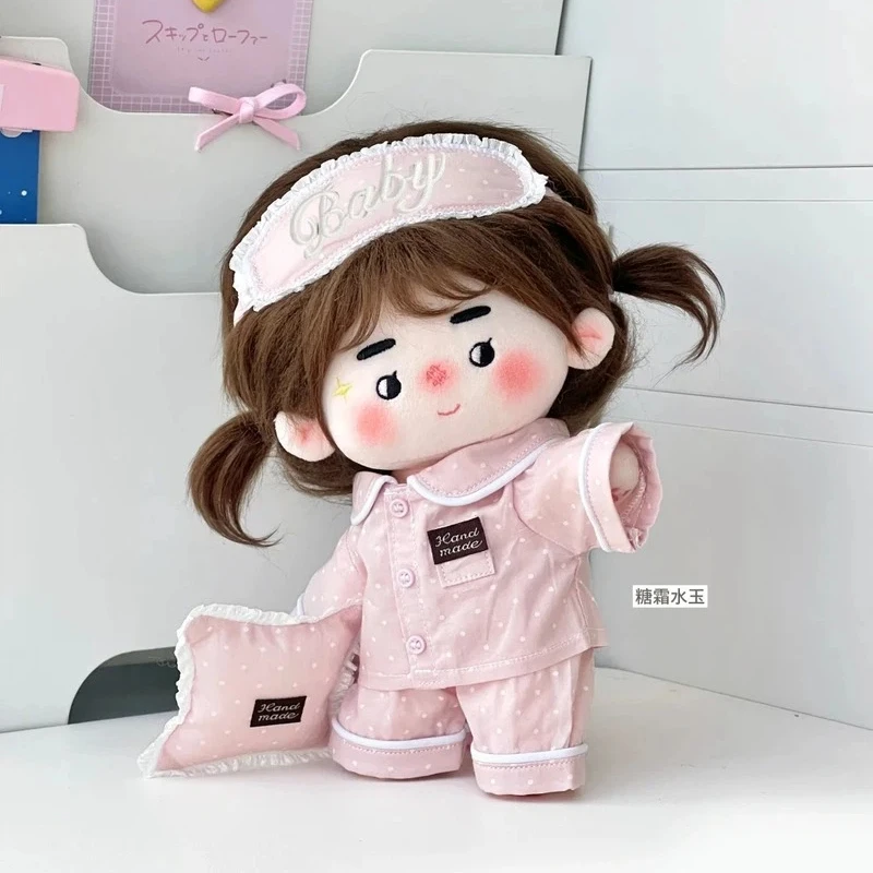 20cm Pink Cotton Doll Pajamas Set Autumn New Style Home Wear Outfit Replacement For Plush Dolls With Eye Mask And Mini Pillow