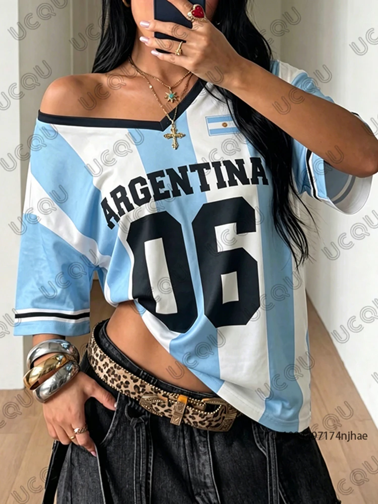 Summer New Stripe Argentina No.7 Print Women‘s Surfing T-Shirt V-Neck Sports Tees Football Jersey Y2K Loose Kids/Adult Tops view 6