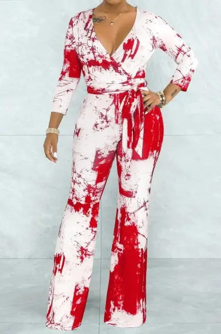 Jumpsuits Women 2023 Fashion New Autumn Printed Tie Dyed Long Sleeve V-Neck Bodycon Long Straight Jumpsuit Streetwear Clothes