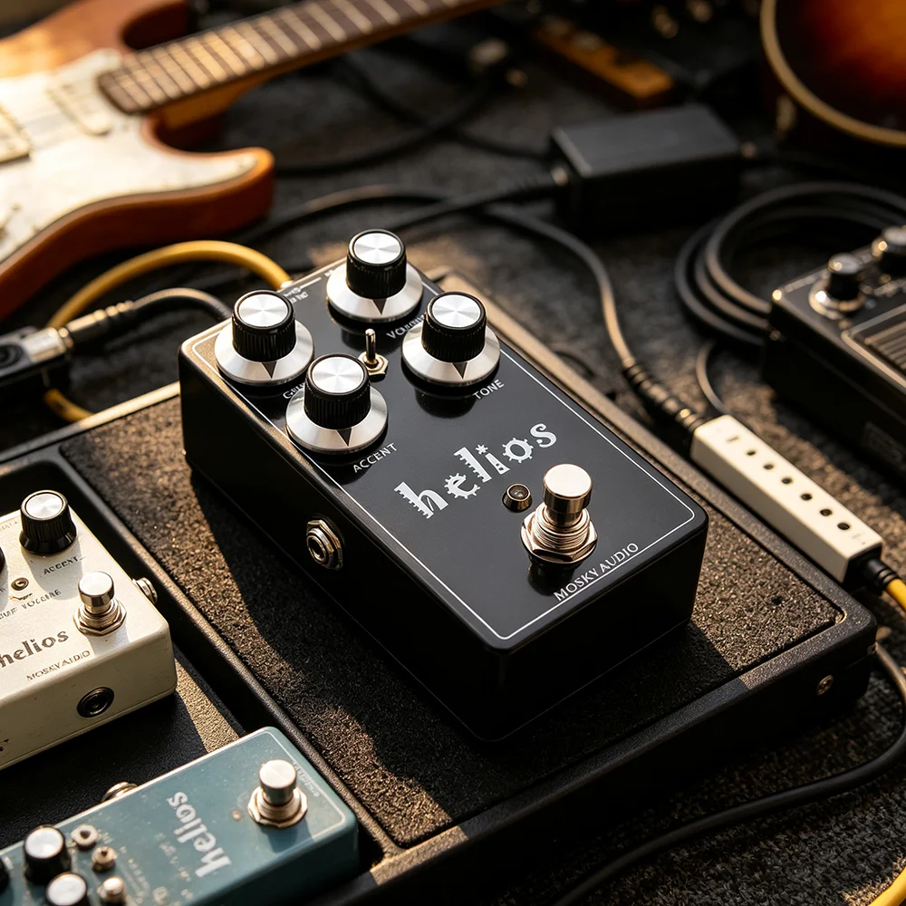 MOSKYAUDIO Helios Overdrive Guitar Effect Pedal 3‑Stage Comp 808 Mode Clean‑Up Circuit True Bypass Boost EQ Effect Stompbox