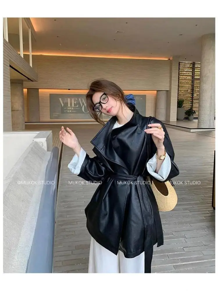 

French Vintage Solid Leather Elegant Versatile Slim Coat Autumn Women Elegant Festival Lace Up Jacket Tops Popular Fashion Trend