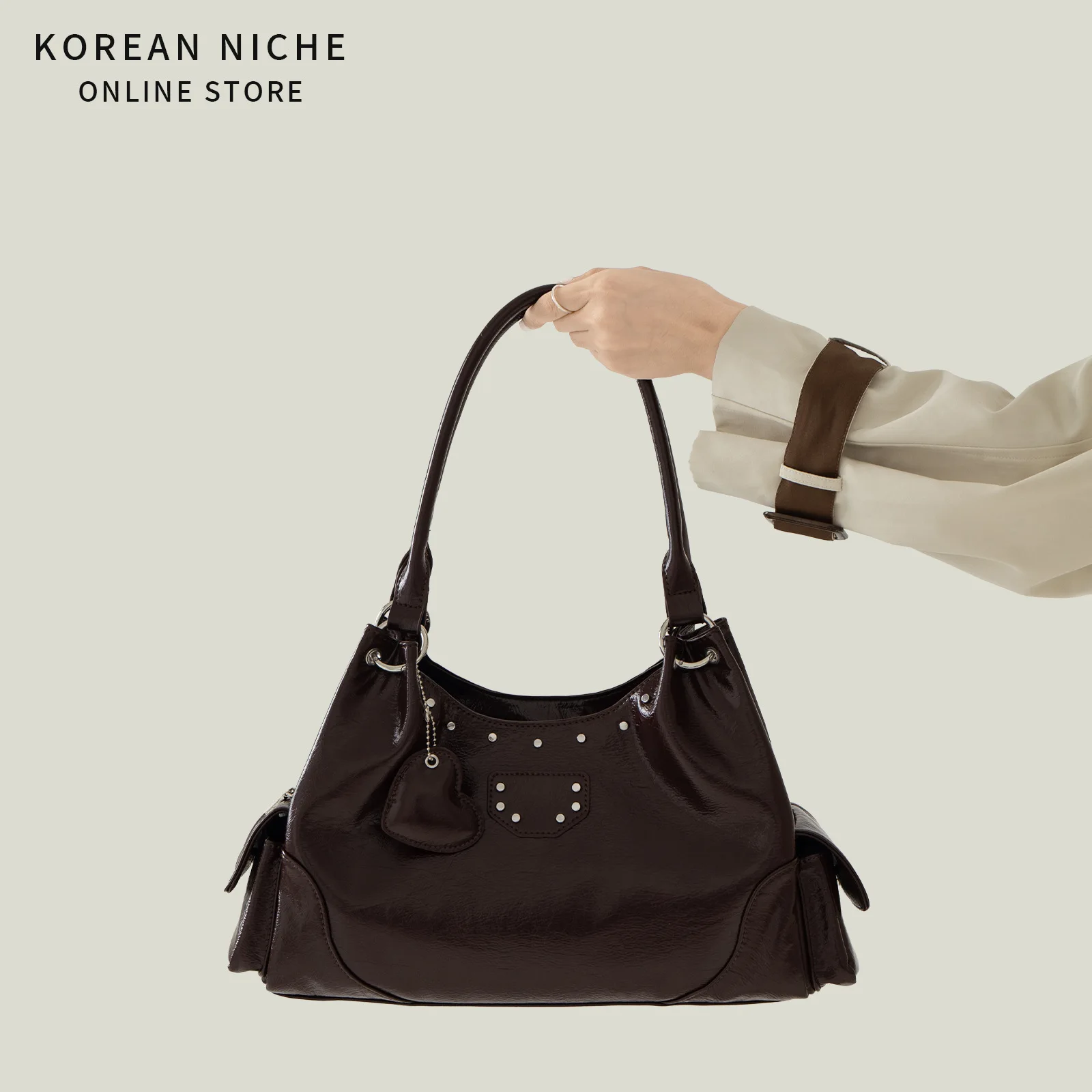 Korean Style PU Leather Hobo Bag Women Vintage Rivet Punk Shoulder Bag Daily Commute Street Dating Shopping Crossbody Tote Bag