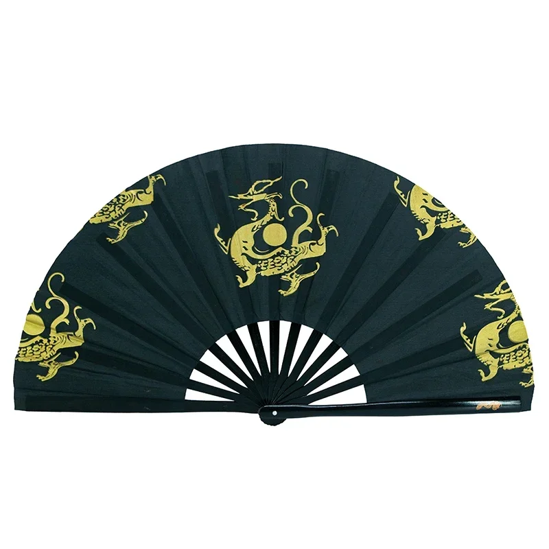 Kun Master 34 Cm  Bamboo Chinese Kung Fu Tai Chi Fan With Dragon And Chinese Word Design Black