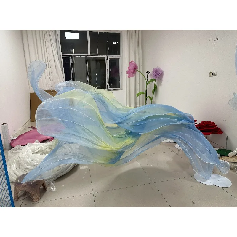 Blue Flowing Fabric Art Sculpture  Outdoor Wind Wave Installation for Beach Wedding  Event Decor