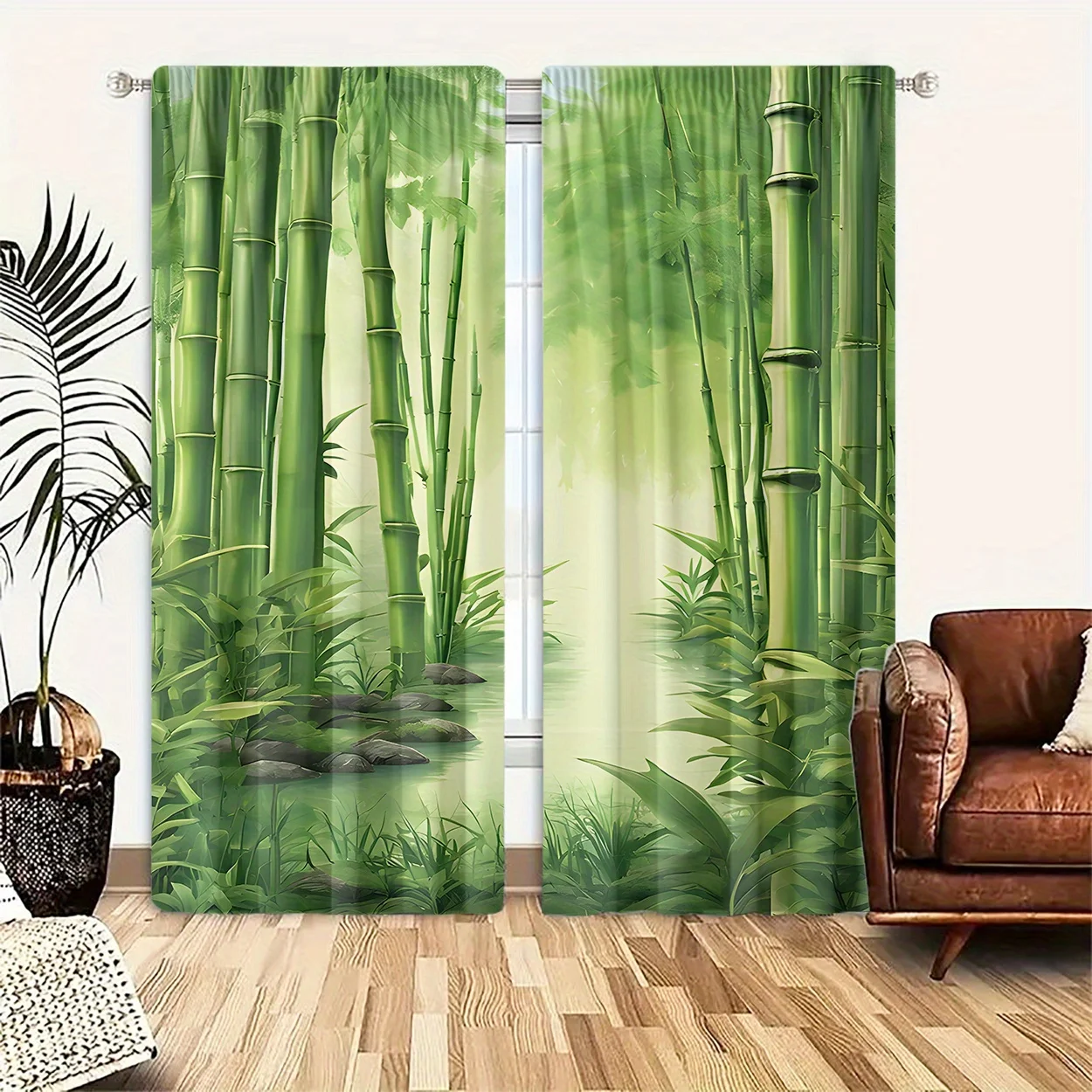 2pcs green bamboo forest curtain with tranquil stream and mist design for living room privacy and decor peaceful zen style