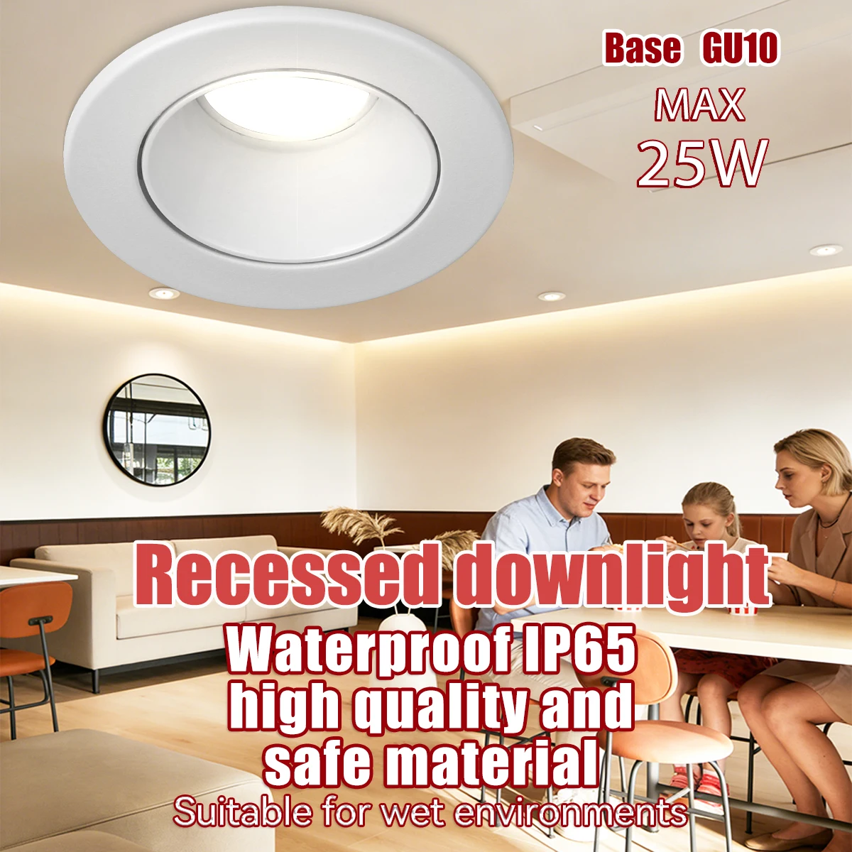 Gu10 Recessed Downlight, 25W Max Waterproof IP65 Spot Light, LED Spot Lamp, AC85-265V, Kitchen Living Bedroom Bathroom Hallway
