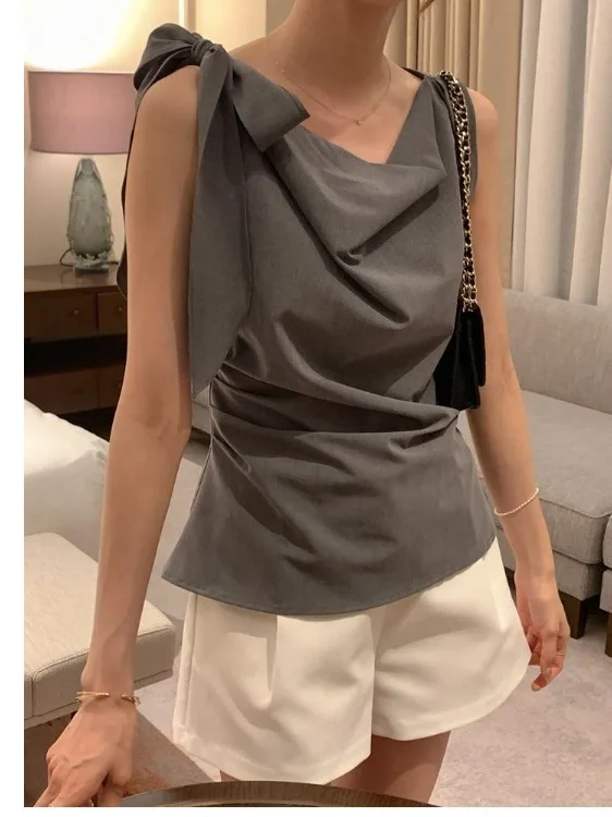 Elegant Women's Shirt Korean Style No Sleeve Belted Slimming Younger Looking Straight Cut Summer Fashion Ladies' Premium Blouse view 4