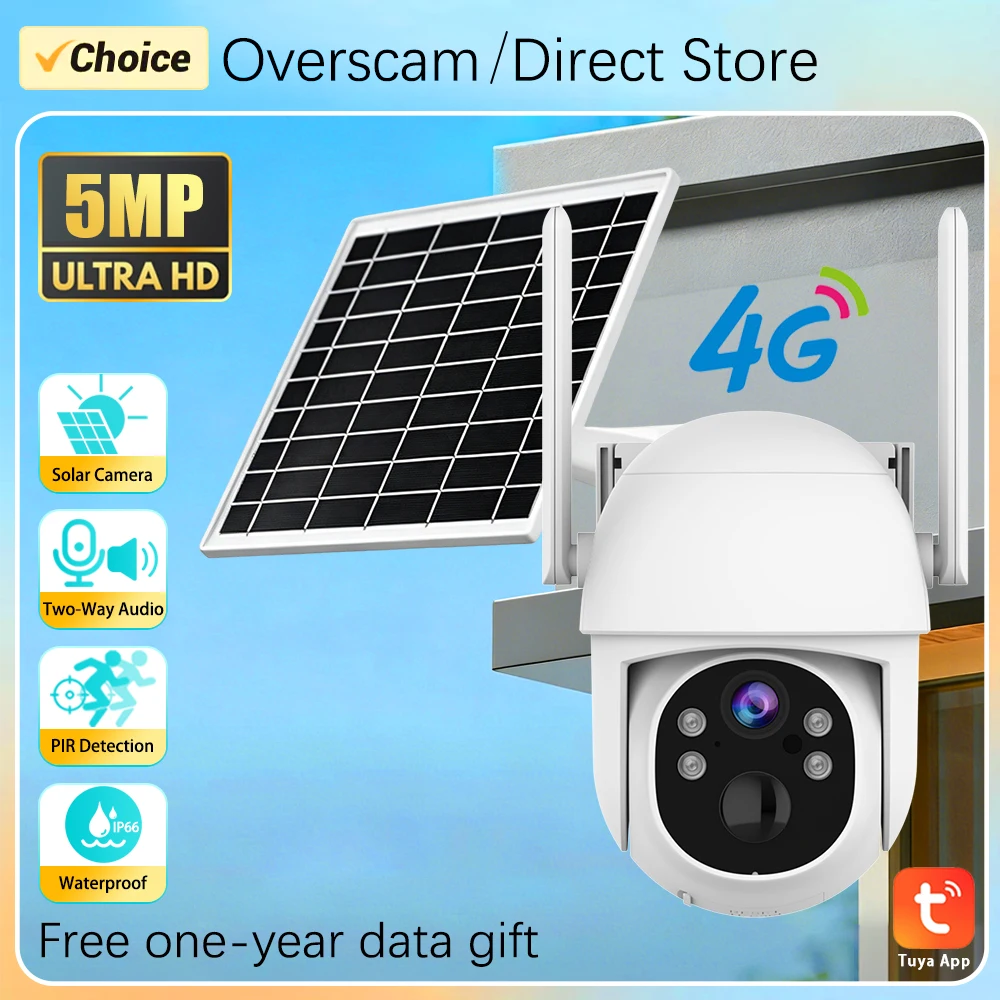 Tuya Samrt 5MP 4G One-Year Free Data Solar PTZ Camera Colorful Night Vision Two Way Audio PIR Detct Solar Power Security Camera
