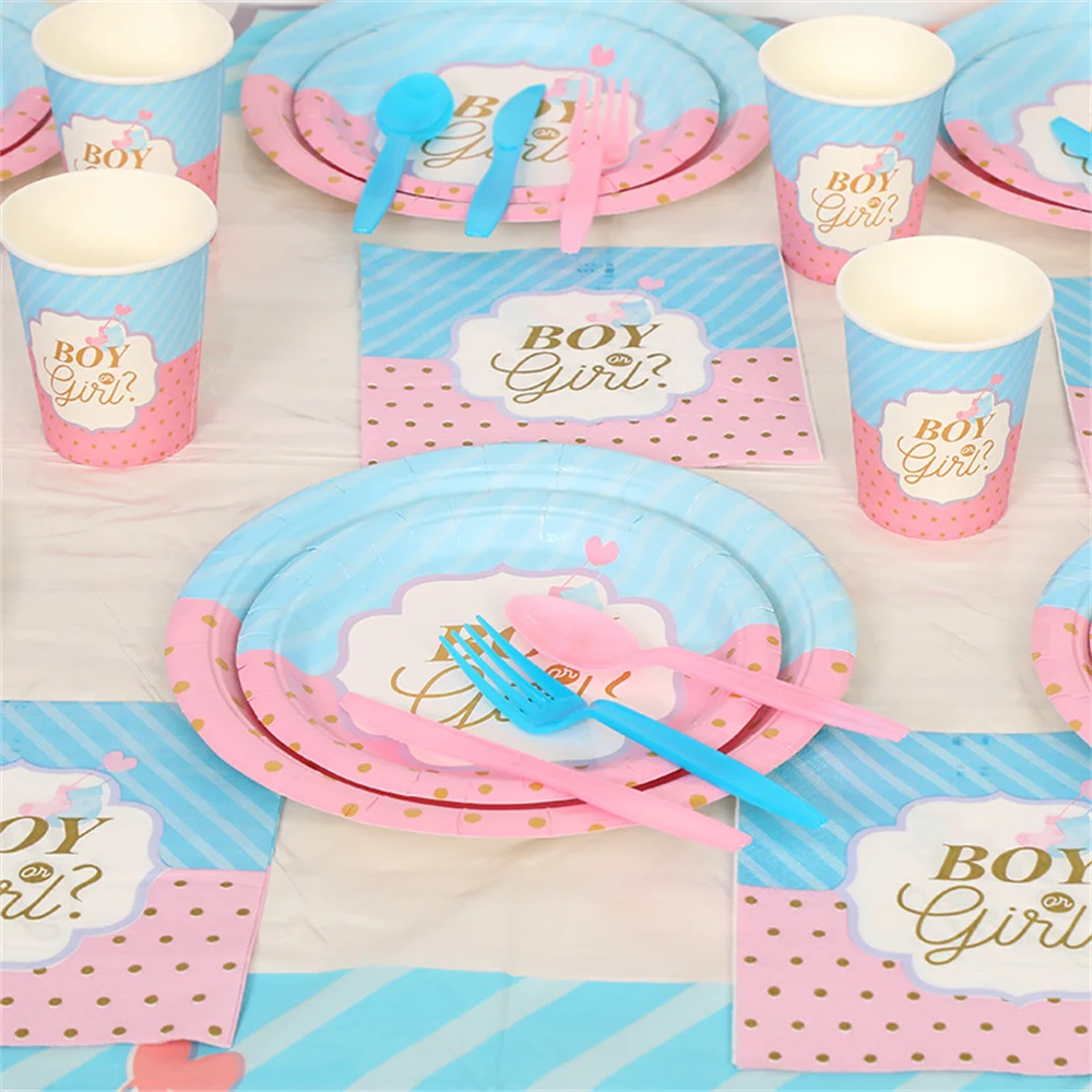 Ragazzo o ragazza rosa blu Gender Reveal stoviglie usa e getta piatti di carta tazze Banner tovaglia Gender Reveal Party Decor Supplies