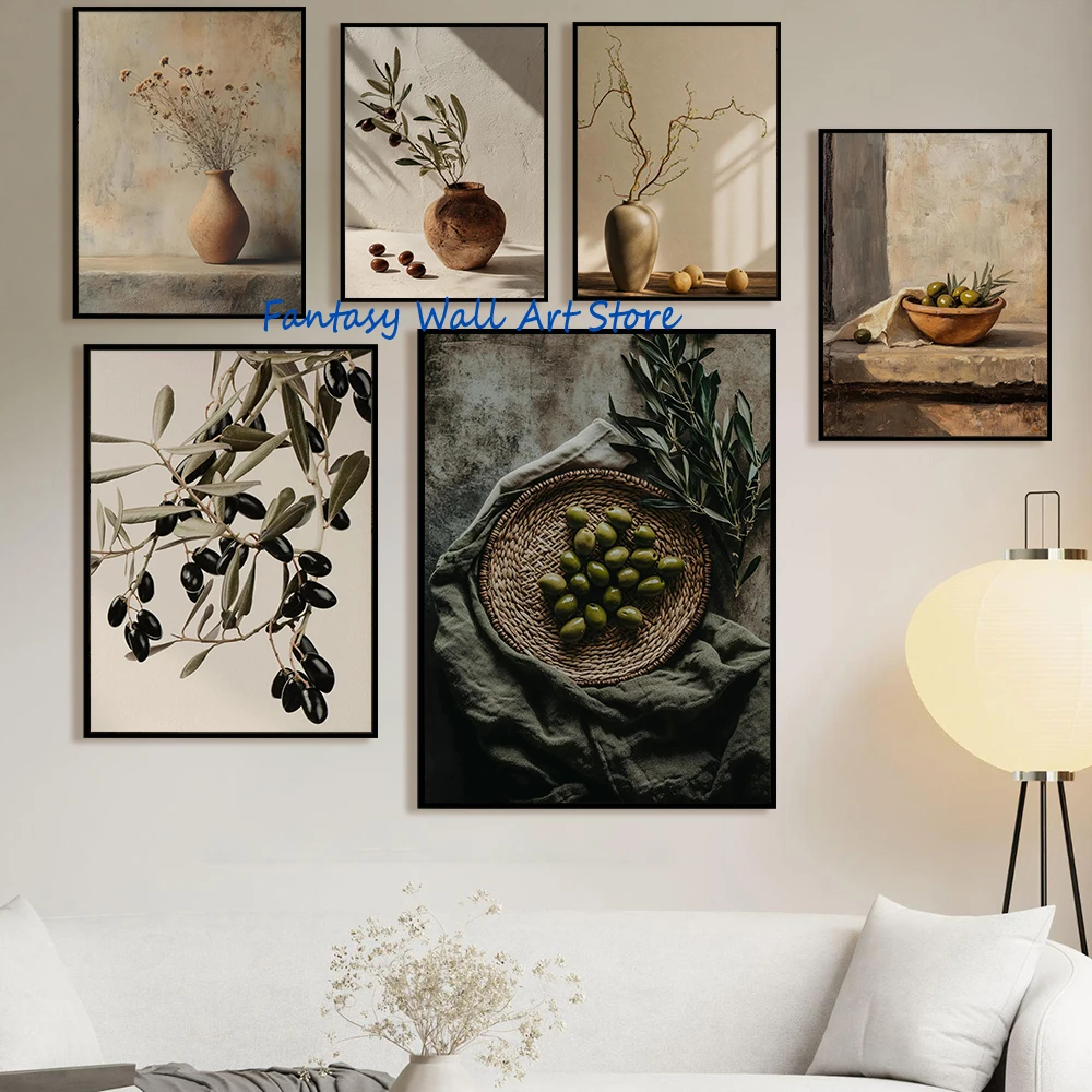 Olive Branch Vase on Table Still Life Painting Photos Poster Mediterranean Tuscan Rustic Kitchen Room Decor Canvas Print Picture