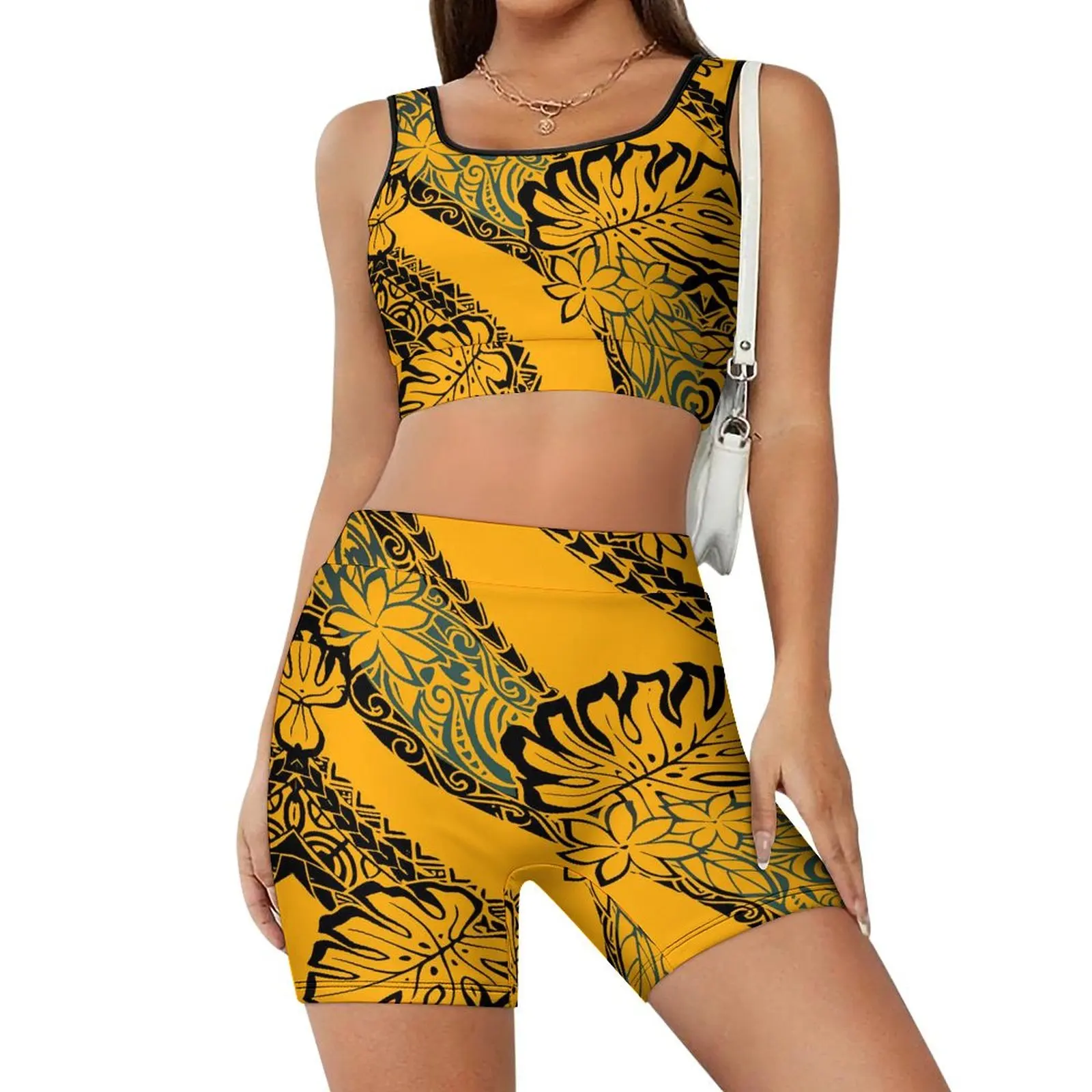 Summer Sports Suit Women's Yoga Suit Slim Sexy Sports Vest With Chest Pad High Waisted Shorts Polynesian Yoga Suit 2024