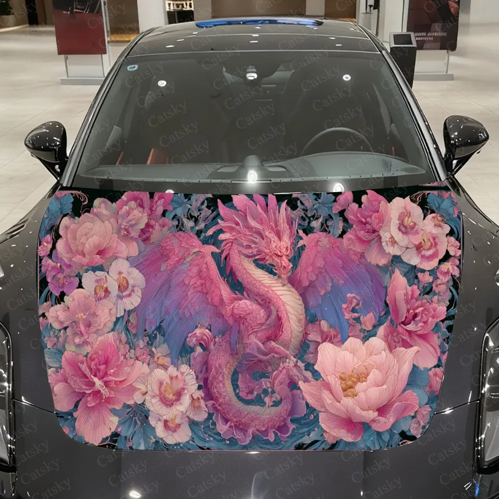 

Flower Realm Pink Dragon Car Vinyl Wrap, PVC Material Waterproof Car Hood Sticker, Self-Adhesive Scratch-Resistant Stickers for