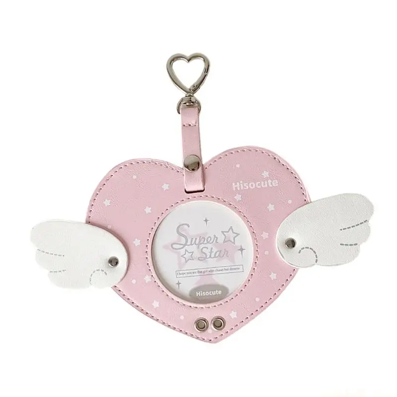 Angel Wing Heart Card Sleeve PU Leather Photocard Protector with Metal Clip For Girls Keychain Bag Accessory