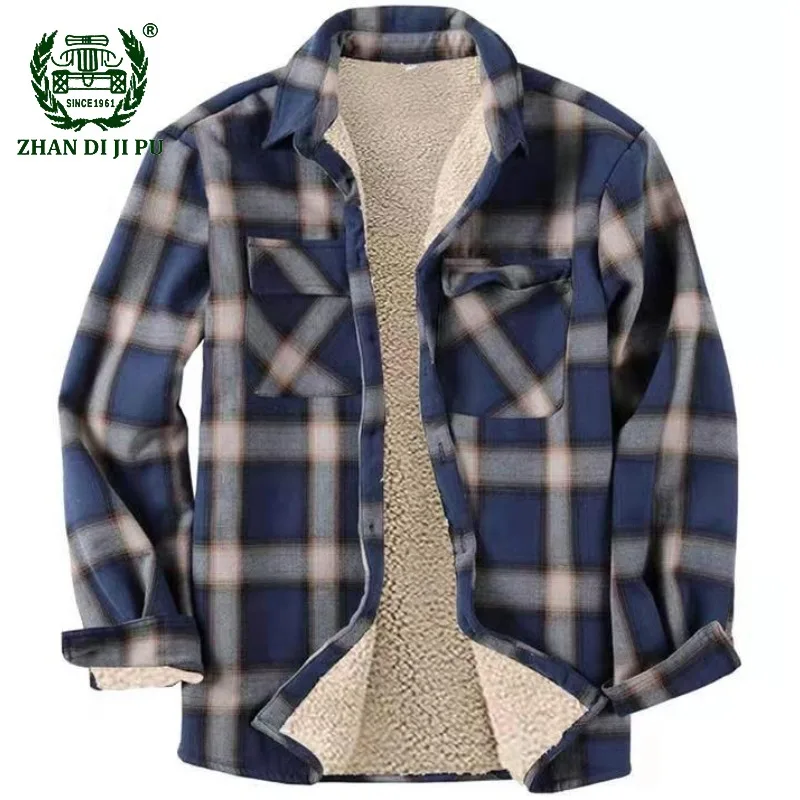 Autumn Mens Plaid Flannel Shirts Thick Jacket Quilted Lined Winter Dress Shirt Cotton Coat with Pockets Shirts for Men camisas