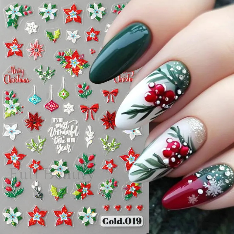 ملصقات أظافر منقوشة بنقشة زهور لعيد الميلاد خماسية ، منزلقات ، زهرة ليزر ، ورقة شجر ، شارات لاصقة ، ديكور مانيكير ، ندفات ثلج زرقاء لامعة ، عيد الميلاد