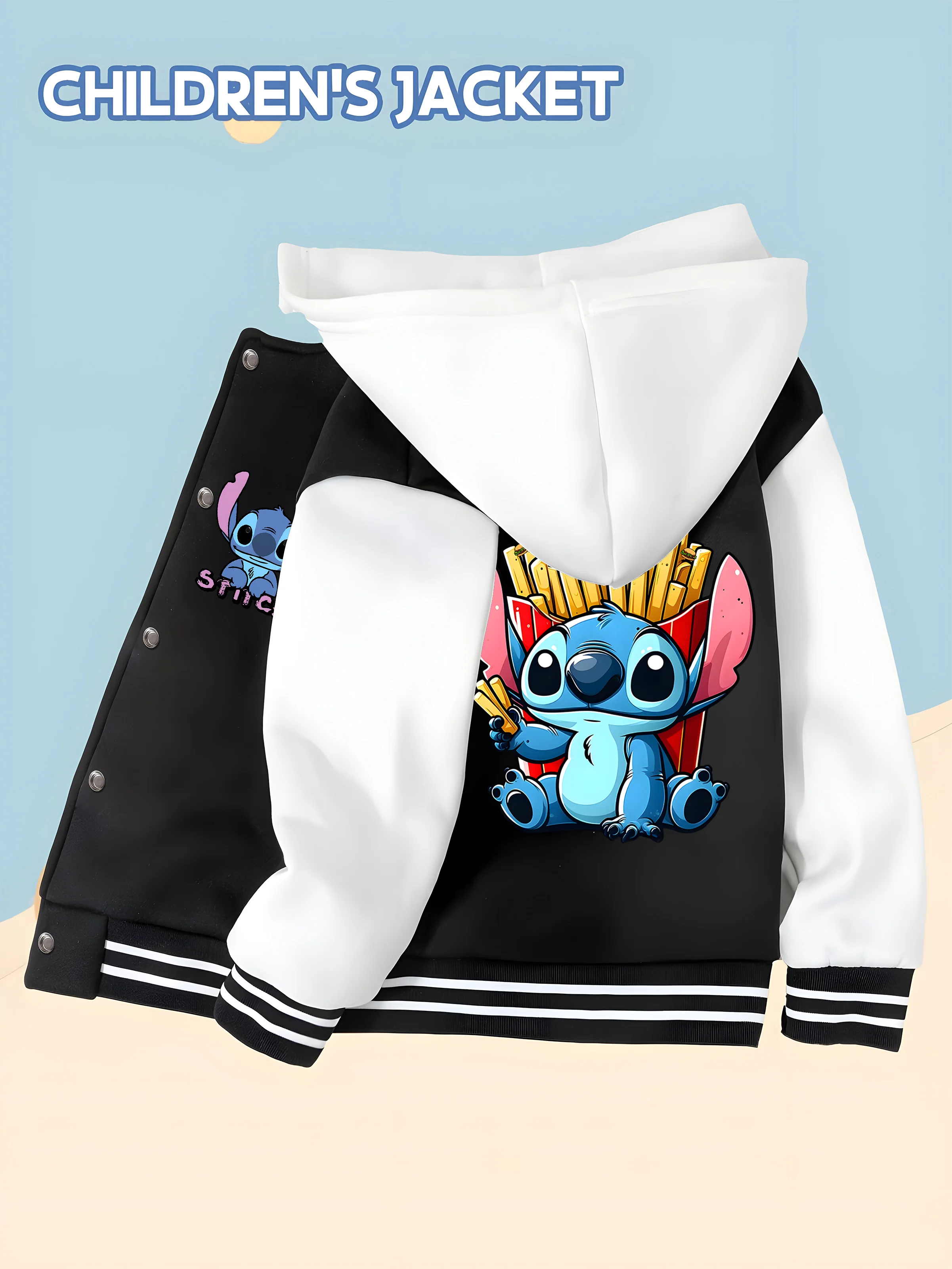 

MINISO Disney Boys Baseball Jacket - Stitch Fries, perfect for school and Disney, soft fabric protects your child