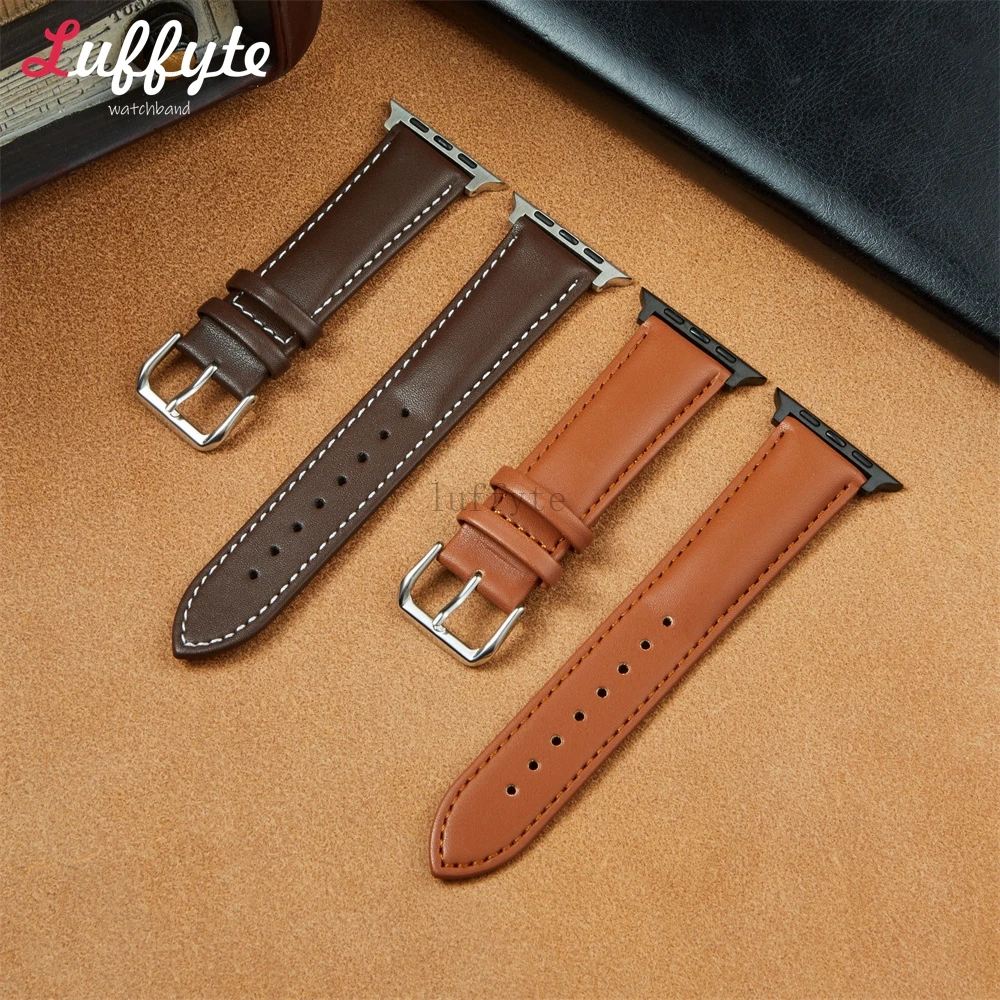 Ремешок кожаный для Apple Watch 9 8 Ultra 7 6 5 4 3 SE, повседневный браслет для iwatch 38 40 41 мм 42 44 45 49 мм