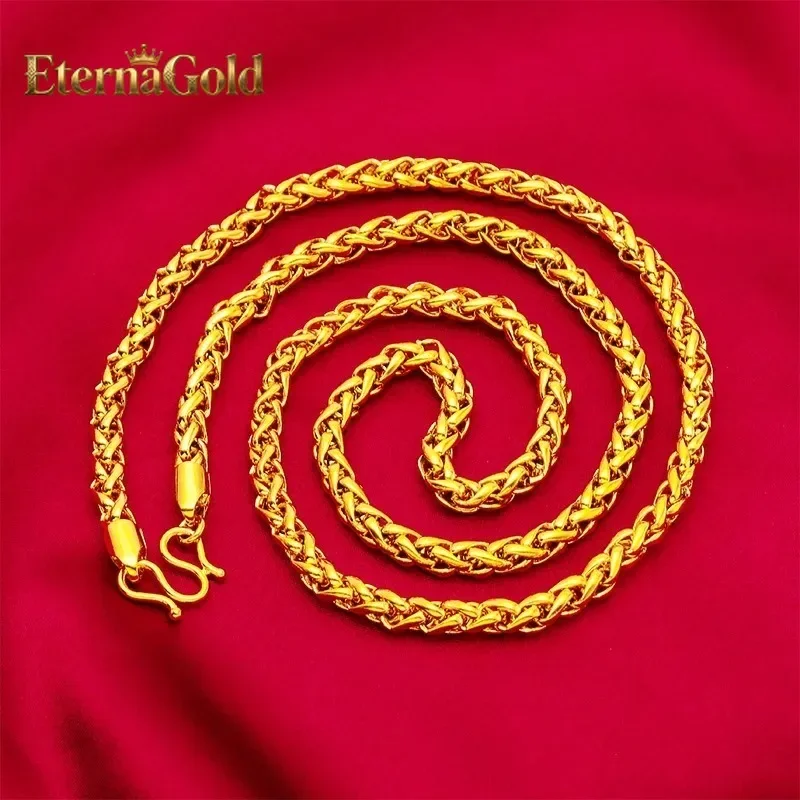 EternaGold Men Masculine Rope-Style Gold Necklace, 24K Gold AU999 | Filigree rope pattern with jade beads, refined elegance for